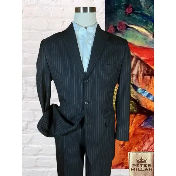 Peter Millar 40R 32W Dark Navy Blue Gray Pinstripe 2 Piece Suit Jacket Pants - Picture 1 of 16